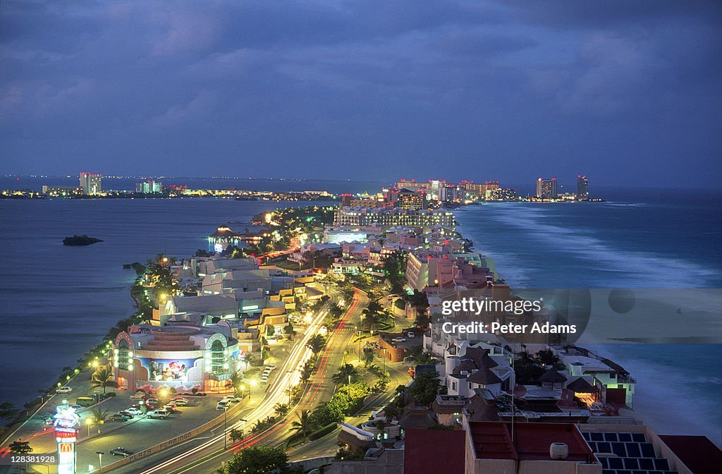 Aerial of Cancun at night, Mexico