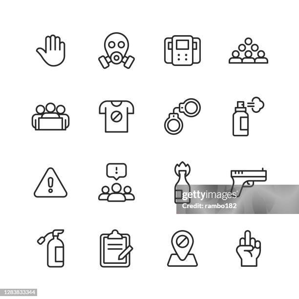 protest line icons. editable stroke. pixel perfect. for mobile and web. contains such icons as crowd, speech, justice, fist, banner, police, law, flag, gun, violence, location, politics, social justice, equality, diversity, government, freedom. - protest mask stock illustrations