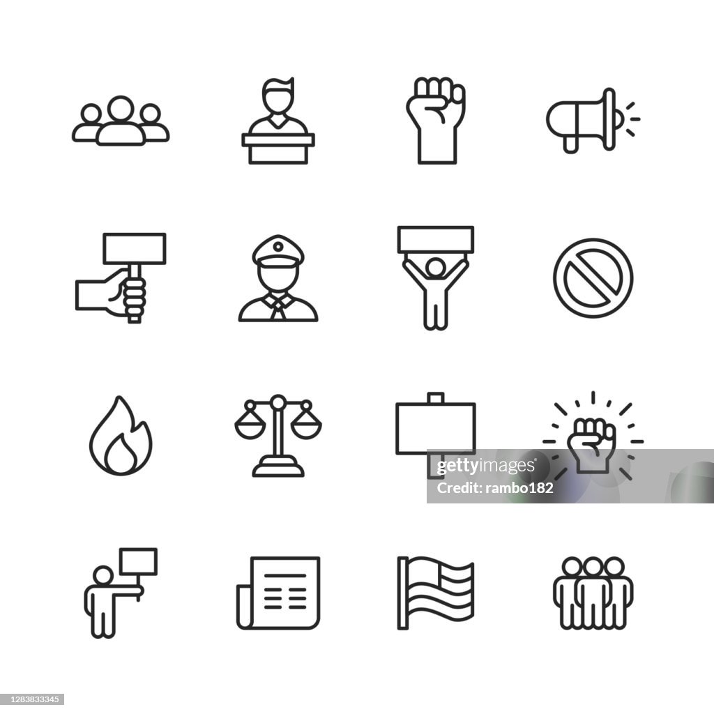 Protest-Linien-Symbole. Bearbeitbarer Strich. Pixel perfekt. Für Mobile und Web. Enthält symboleweise Crowd, Speech, Justice, Fist, Banner, Police, Law, Flag, Gun, Violence, Location, Politics, Social Justice, Equality, Diversity, Government, Freedom.