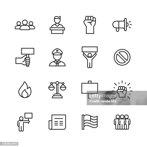 protest line icons. editable stroke. pixel perfect. for mobile and web. contains such icons as crowd, speech, justice, fist, banner, police, law, flag, gun, violence, location, politics, social justice, equality, diversity, government, freedom. - rebellion symbol stock illustrations