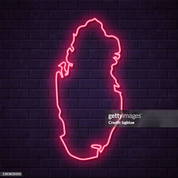 qatar map - glowing neon sign on brick wall background - led light wall stock illustrations