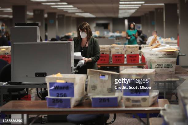 Claire Woodall-Vogg, executive director of the Milwaukee election commission collects the count from absentee ballots from a voting machine on...
