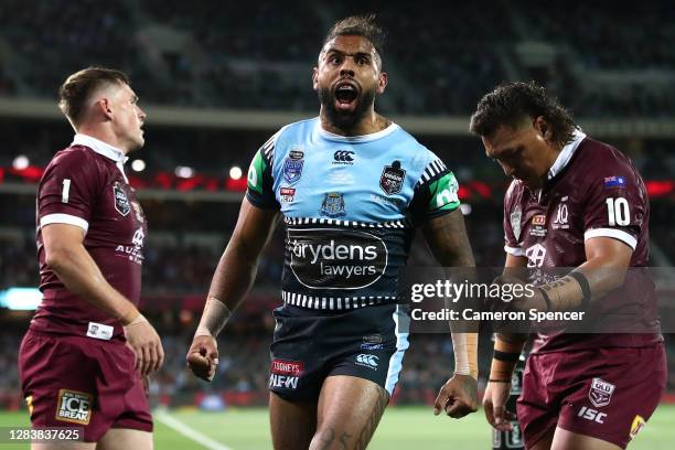 Josh Addo-Carr of the Blues celebrates scoring a try during game one of the 2020 State of Origin series between the Queensland Maroons and the New...