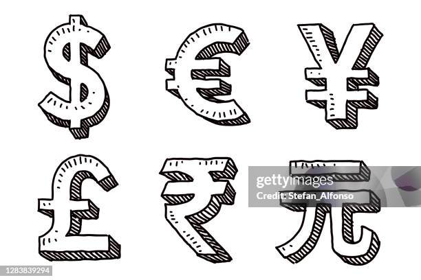doodle of currency symbols - yuan symbol stock illustrations
