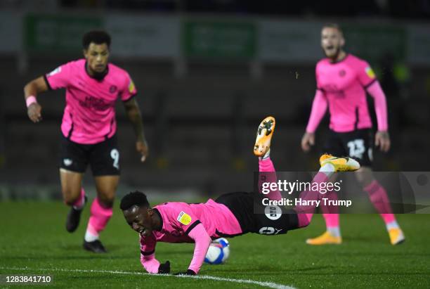 Siriki Dembélé of Peterborough United reacts after being fouled during the Sky Bet League One match between Bristol Rovers and Peterborough United at...