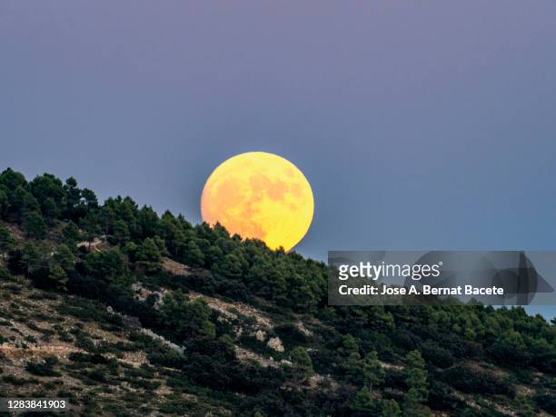 exit of the full moon the light of in sunset close to a few mountains. - romantic sky stock pictures, royalty-free photos & images