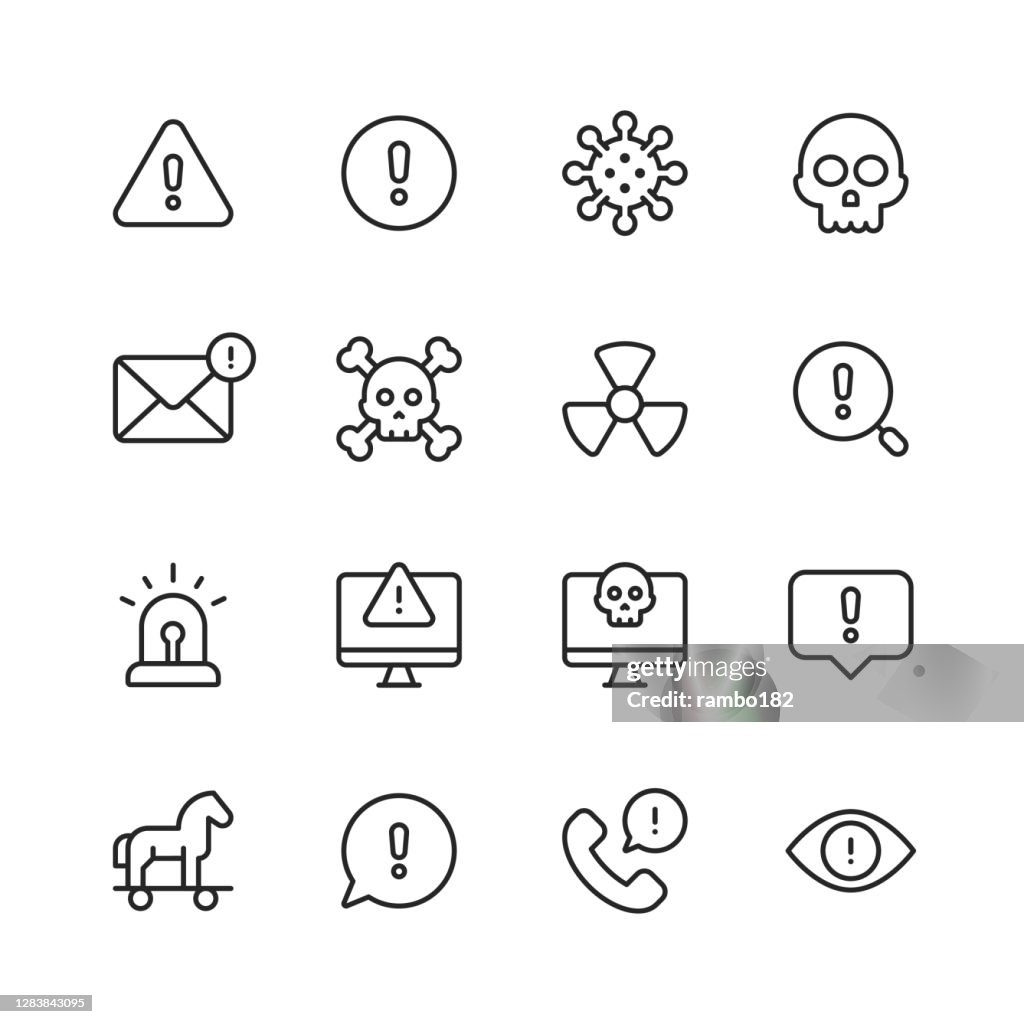 Waarschuwings- en gevarenlijnpictogrammen. Bewerkbare lijn. Pixel Perfect. Voor mobiel en web. Bevat pictogrammen zoals Waarschuwingsteken, Gevaar, Waarschuwing, Ongeval, Voorzichtigheid, Einde, Mededeling, Virus van de Computer, Hacker, Identiteitsdief, B