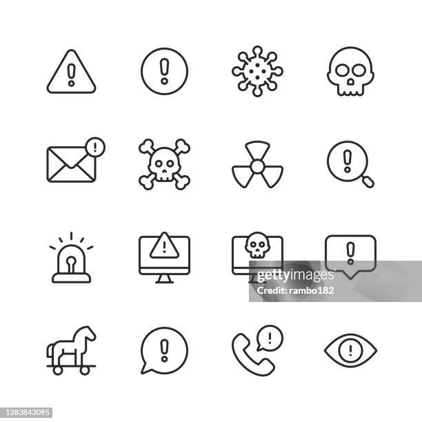 warning and danger line icons. editable stroke. pixel perfect. for mobile and web. contains such icons as warning sign, danger, alert, accident, caution, stop, communication, computer virus, hacker, identity thief, biohazard, protection, error message. - computer virus icon stock illustrations