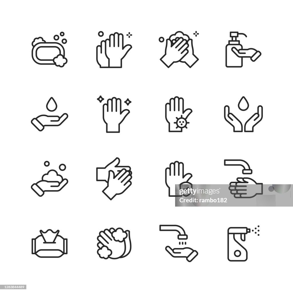 Hand Washing Line Icons. Editable Stroke. Pixel Perfect. For Mobile and Web. Contains such icons as Bacterium, Bathroom, Bubble, COVID-19, Cleaning Sponge, Dirty, Dryer, Faucet, Hand Dryer, Human Hand, Human Skin, Hygiene, Skin, Soap, Toilet, Water.