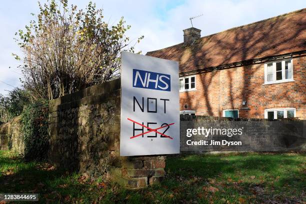 Local home displays anti-HS2 sign on November 03, 2020 in Great Missenden, England. HS2 protesters continue to occupy key infrastructure sites along...