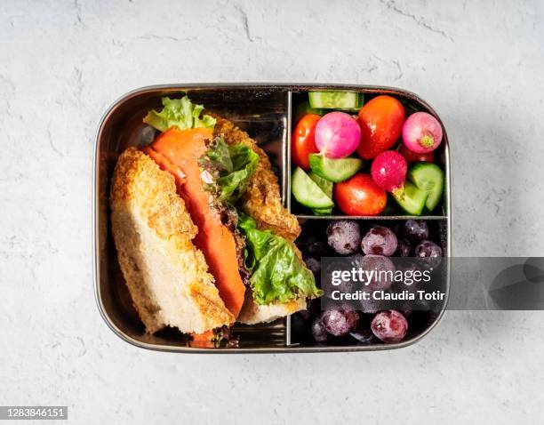 lunch box with sandwich, vegetables, and fruit on white background - sack lunch stock pictures, royalty-free photos & images