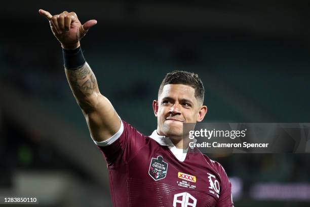 Dane Gagai of the Maroons thanks the crowd after winning game one of the 2020 State of Origin series between the Queensland Maroons and the New South...