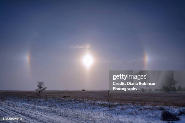 a solar sun halo sundog forms thanks to ice crystals off a steamy niobrara river during a very cold morning, over a snowy field near valentine, nebraska - sundog stock pictures, royalty-free photos & images