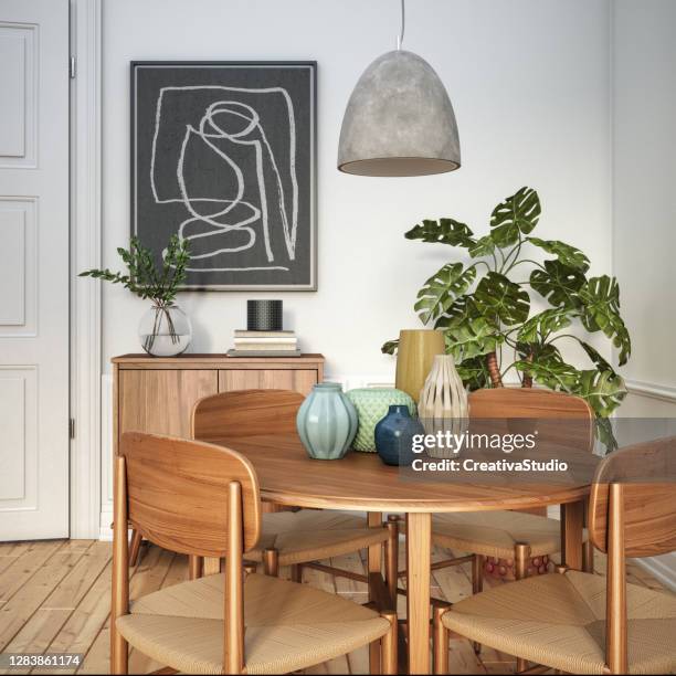 modern scandinavische eetkamer interieur - 3d render stock foto - eetkamer stockfoto's en -beelden