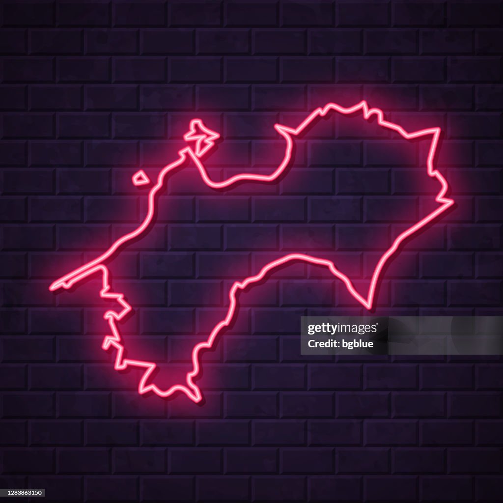 De kaart van Shikoku - Gloeiend neonteken op bakstenen muurachtergrond