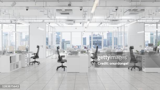 moderne bureauruimte met wachtkamer, raadsruimte en stadsgezichtachtergrond - cubicle stockfoto's en -beelden