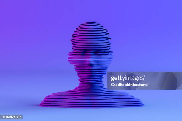 testa cyborg a forma stratificata 3d su sfondo colorato al neon - tridimensionale foto e immagini stock