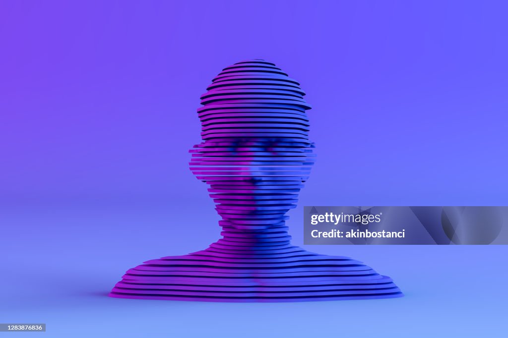 霓虹燈彩色背景上的 3D 分層形狀機器人頭