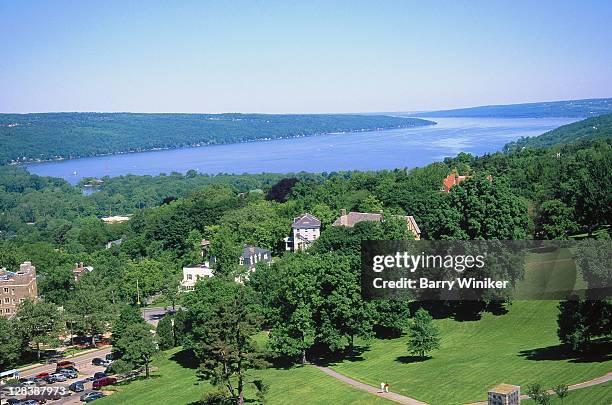 ithaca, ny, aerial view of lake cayuga - ithaca stock pictures, royalty-free photos & images