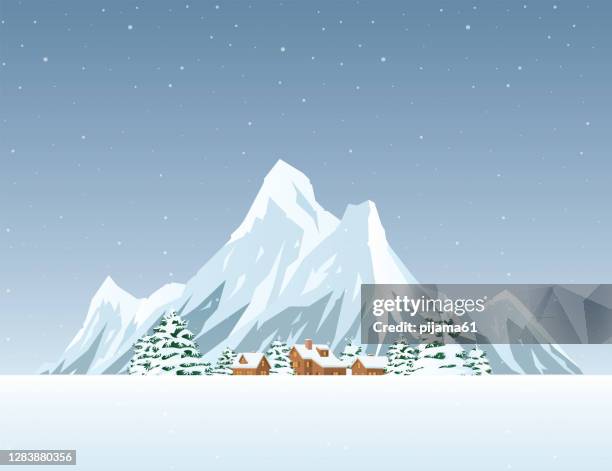 ilustraciones, imágenes clip art, dibujos animados e iconos de stock de paisaje de invierno con casa - aldea