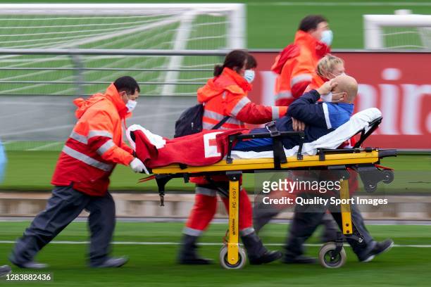 Francisco José Martinez of Deportivo Abanca Femenino got injured during warm up during the Primera Division Femenina match between Real Madrid...