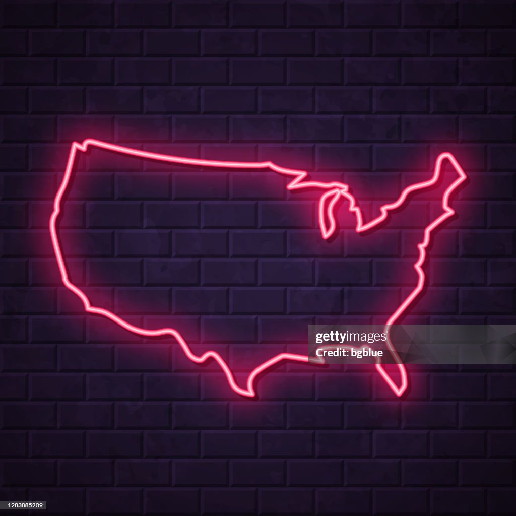 USA map - Glowing neon sign on brick wall background