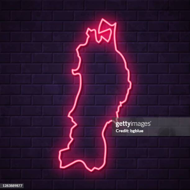 tohoku map - glowing neon sign on brick wall background - japan billboard stock illustrations