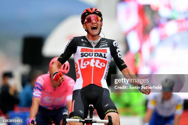 Arrival / Tim Wellens of Belgium and Team Lotto Soudal / Celebration / Michael Woods of Canada and Team EF Pro Cycling / during the 75th Tour of...