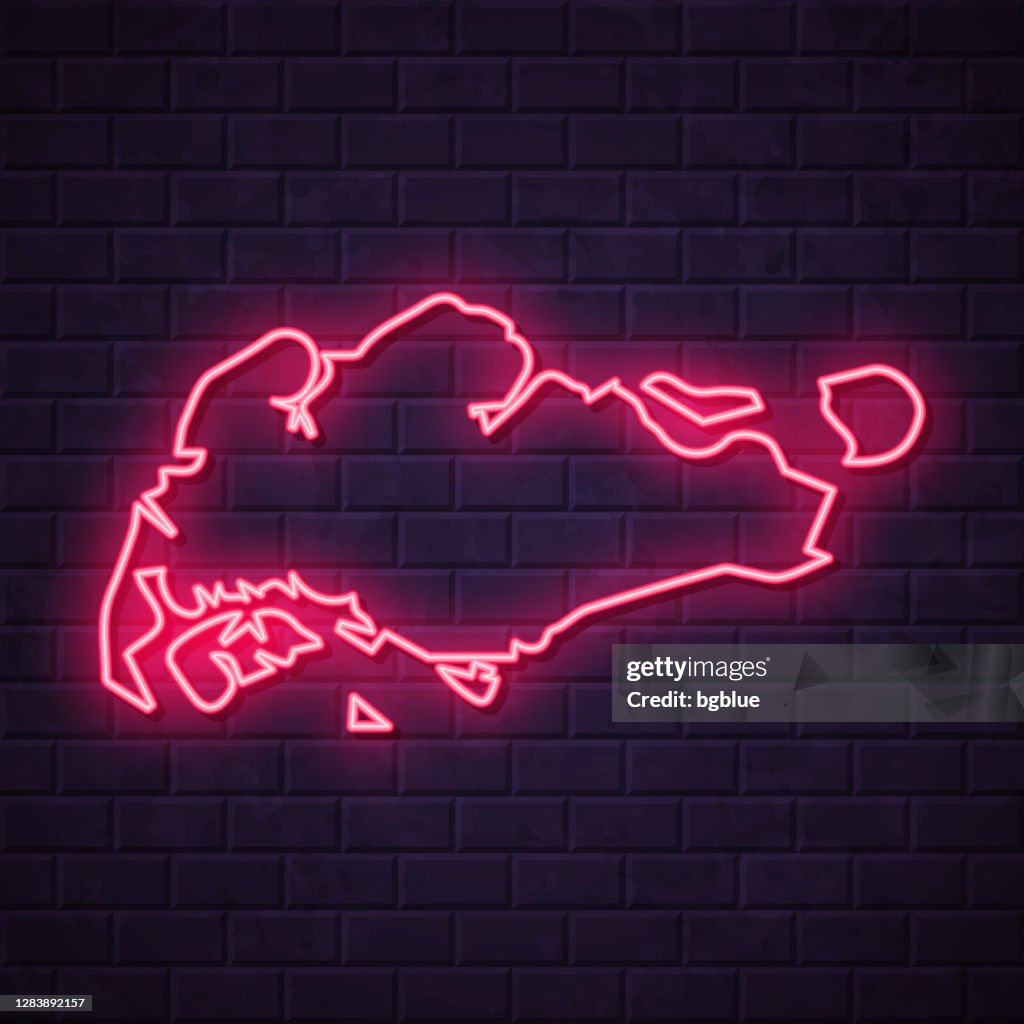 Singapore map - Glowing neon sign on brick wall background
