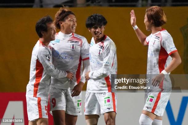 Koki Arita of Ehime FC celebrates scoring his side's first goal during the J.League Meiji Yasuda J2 match between JEF United Chiba and Ehime FC at...