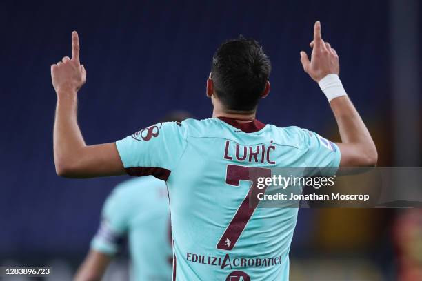 Sasa Lukic of Torino FC celebrates after scoring to give the side a 1-0 lead during the Serie A match between Genoa CFC and Torino FC at Stadio Luigi...