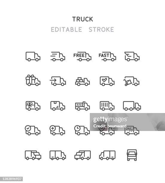 stockillustraties, clipart, cartoons en iconen met bewerkbare lijn van de leveringswagenlijn - vrachtwagen
