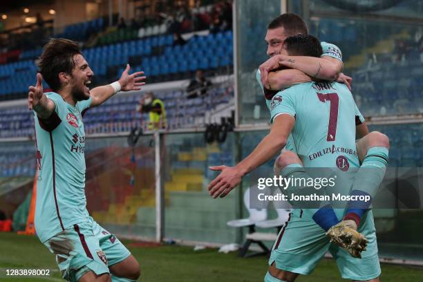 Sasa Lukic of Torino FC celebrates with Andrea Belotti and Simone Verdi after scoring to give the side a 1-0 lead during the Serie A match between...