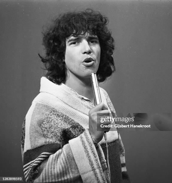 Julien Clerc performs Dutch ARVO music TV show 'TopPop' at Hilversum studios, Netherlands, 12th February 1976.