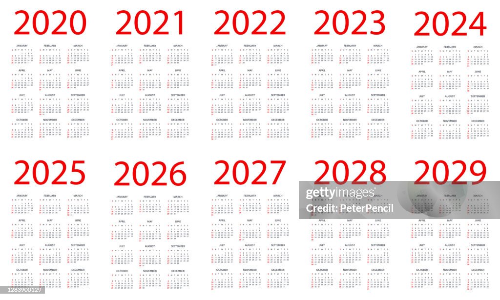 Calendar 2020 2021 2022 2023 2024 2025 206 2027 2028 2029 - Symple Layout Illustration. Week starts on Sunday. Calendar Set for 2020 2021 2022 2023 2024 2025 2026 2027 2028 2029 years