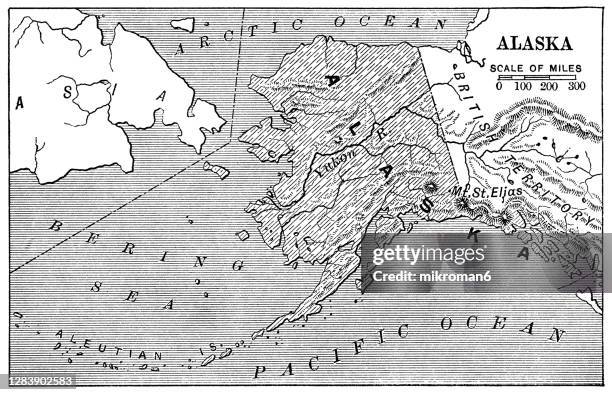old map of alaska state, purchase of alaska - 1867 - yukon river alaska stock pictures, royalty-free photos & images