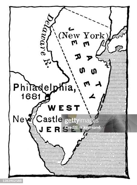 old map of new jersey us state, united states of america - 1681 - new york new jersey map stock pictures, royalty-free photos & images