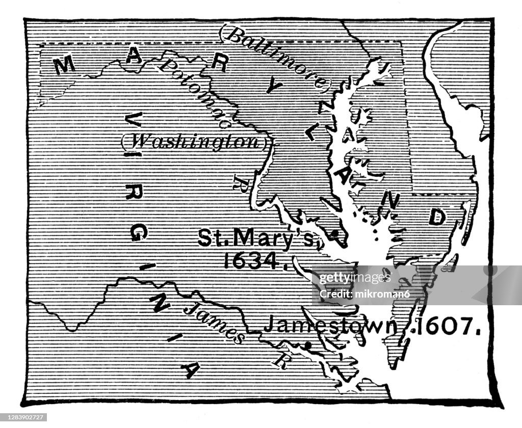 Engraving old map of The Settlement At Jamestown, Virginia, USA.