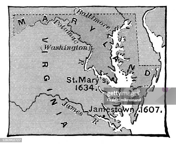 engraving old map of the settlement at jamestown, virginia, usa. - colonialism stock pictures, royalty-free photos & images