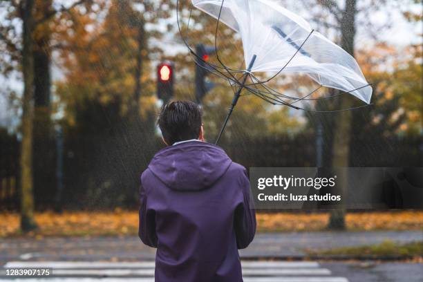 man with umbrella on a stormy day - blowing stock pictures, royalty-free photos & images