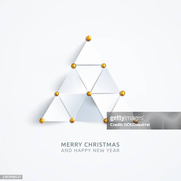 ilustrações de stock, clip art, desenhos animados e ícones de holiday card design with abstract composition composed of equilateral triangles pinned with golden pins to the white plain paper background - vector illustration with realistic shadow 3d effect and free places on your own wishes - ouro metal