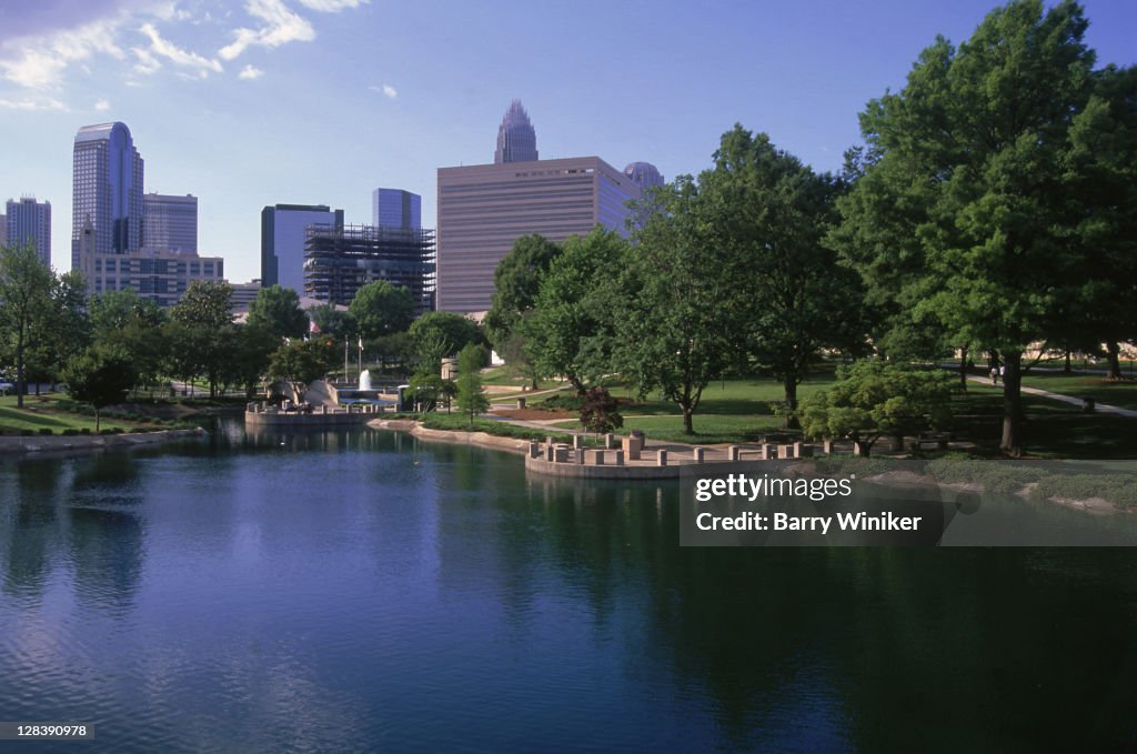 Pond and view of Downtown Buildings, Marshall Park, Charlotte, North Carolina,