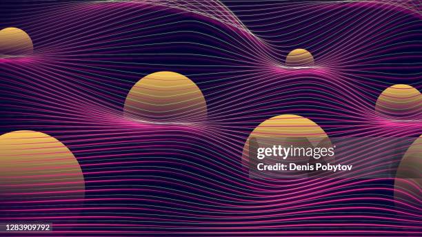 ilustraciones, imágenes clip art, dibujos animados e iconos de stock de ilustración digital futurista - esferas brillantes en ondas. el concepto de ondas gravitacionales. - onda gravitacional
