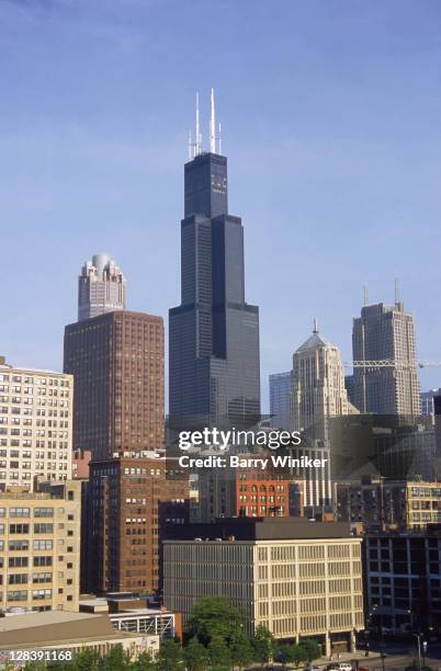 densely-packed buildings w/ sears tower, the loop, chicago, il - willis tower fotografías e imágenes de stock