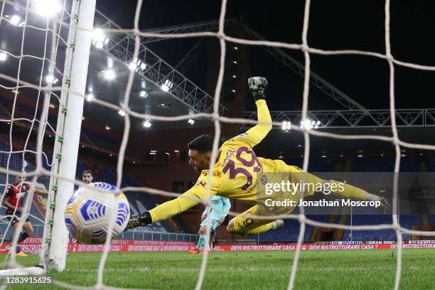 Gianluca Scamacca of Genoa CFC scores past Salvatore Sirigu in the Torino goal to pull a goal back and make the scoreline 2-1 late on during the...