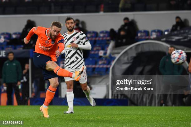 Edin Visca of Istanbul Basaksehir scores his team's second goal during the UEFA Champions League Group H stage match between Istanbul Basaksehir and...
