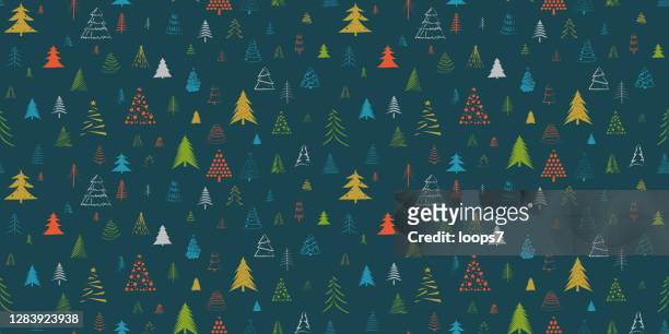 stockillustraties, clipart, cartoons en iconen met hand getrokken kerstboom vector naadloos patroon - doodle gifts