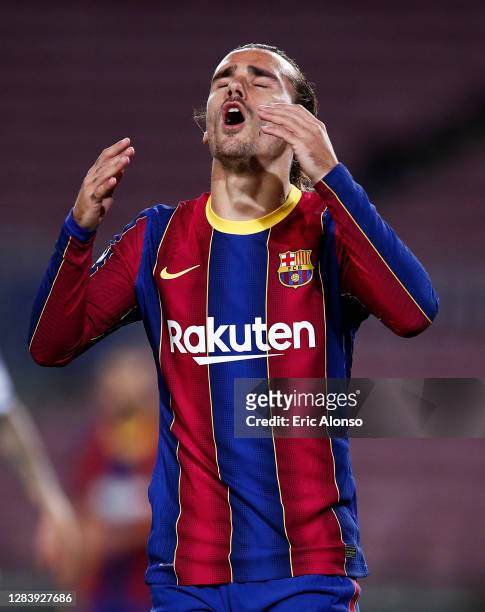 Antoine Griezmann of Barcelona reacts during the UEFA Champions League Group G stage match between FC Barcelona and Dynamo Kyiv at Camp Nou on...