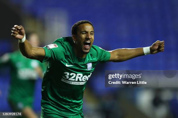 Scott Sinclair of Preston North End celebrates after scoring his sides first goal during the Sky Bet Championship match between Reading and Preston...