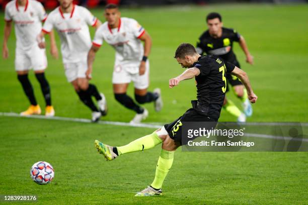 Marcus Berg of FC Krasnodar scores his sides second goal from the penalty spot during the UEFA Champions League Group E stage match between FC...